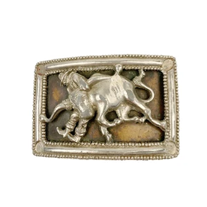 Vintage Pat Pending Metal Rectangle 3D Rodeo Steer Wrestling Belt Buckle - Picture 1 of 6