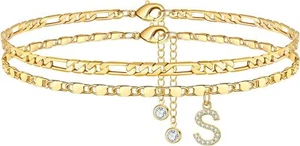 Ankle Bracelets for Women , S , 14K Gold Plated Dainty initial Anklets Jewelry - Picture 1 of 6