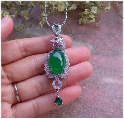 White Gold Plate Green AGATE JADE PENDANT Leopard Diamond Imitation 390711 - Image 1 of 4