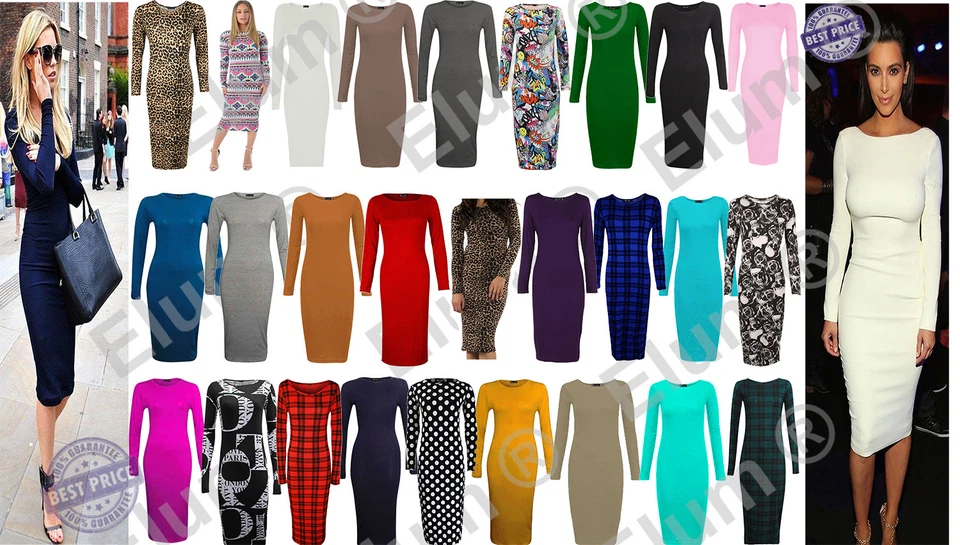 WOMENS LADIES LONG SLEEVE MIDI DRESS STRETCH BODYCON PLAIN JERSEY MAXI PLUS size - Image 1 of 1