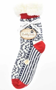 Ladies Soft Warm Fluffy Fleece Lined Slipper Socks - White & Navy Scandi Floral - Picture 1 of 3