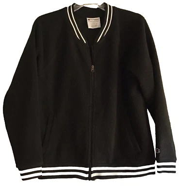 Women's Champion Black Sherpa Fuzzy Zip Up Retro Bomber Track Jacket -Size Large - Image 1 of 4