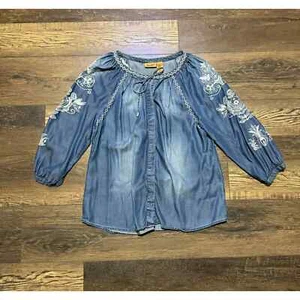 Wrangler Woman's Blue Embraided Round Neck Long Sleeve Loose Pullover Blouse Med - Picture 1 of 7