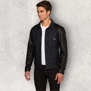 Chaqueta Denim The Kooples Para Hombres Calce Ajustado Azul Azul Mangas de Cuero Negro M UK 38 - Imagen 1 de 8
