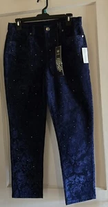 Women's "DG2" Diane Gilman Navy Blue Floral Velvet Flocking Jeans in Sz 8P - Picture 1 of 10