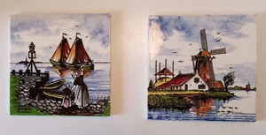 2 azulejos de cerámica pintados a mano vintage Delft Holanda hechos en Holanda 1 tiene reparación - Imagen 1 de 6