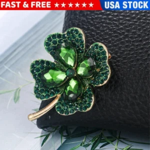Shamrock Green Rhinestone 4 Leaf Clover Vintage Pin Brooch Jewelry Gifts Video - Picture 1 of 10