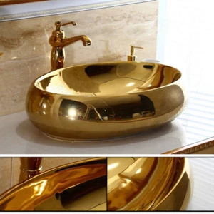 24"Gold Ceramic Oval Basin Bowl Bathroom Vessel Sinks Mixer Faucet Pop Drain Kit - Picture 1 of 7