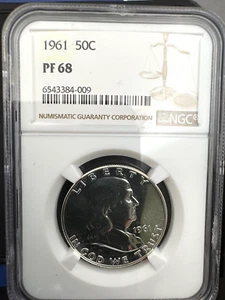 1961 NGC PF68 ARGENTO PROOF FRANKLIN MEZZO DOLLARO 50c 90% ARGENTO ETICHETTA BIANCA - Foto 1 di 4