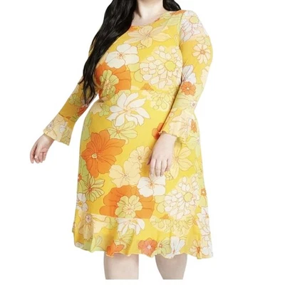 Vestido midi de malla ModCloth Tropicana Isle naranja amarillo floral para mujer talla 2X Foto 1 de 4