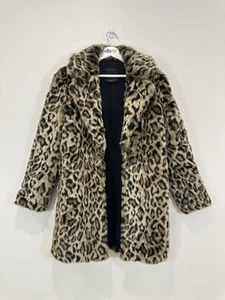 Decjuba Coat Women M (AU 12) Brown Faux Fur Animal Print Knee Length Lined VGC - Picture 1 of 11