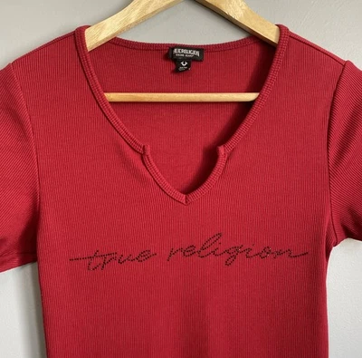 Винтажный Y2K истинная религия красный кристалл V выемки логотип обтяжку платье 90-х в EUC гранж - Изображение 1 из 4