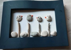 Steinbild,Vögel auf Treibholzästen,Muscheln,maritim,handmade - Bild 1 von 3