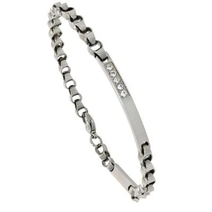 Stainless Steel Cable Chain Link ID Bracelet w/ Cubic Zirconia Stones - Picture 1 of 1