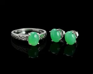 8x6 mm Natural Chrysoprase Gemstone 925 Sterling Silver Ring Earring Jewelry Set - Picture 1 of 8