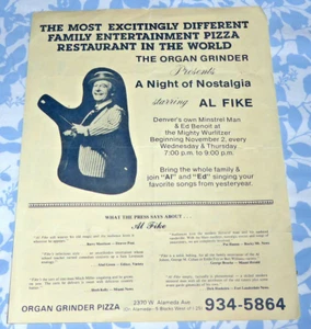 Vintage Organ Grinder Pizza Restaurant Flyer for Al Fike Denver Colorado - Picture 1 of 2