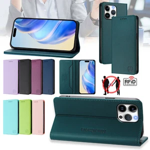 For iPhone 16 Pro Max 14 15 13 12 16e RFID Blocking Wallet Case Flip Phone Cover - Picture 1 of 120