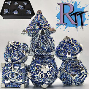 Hollow Silver Blue Illuminati Eye Metal DND Polyhedral Dice Set Role Playing Box