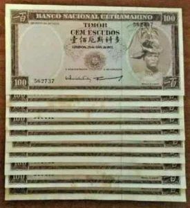 TIMOR EAST LESTE 100 ESCUDOS x 10 Pcs Lot P-28 1963 SHIP UNC TONE MONEY BANKNOTE - Picture 1 of 5