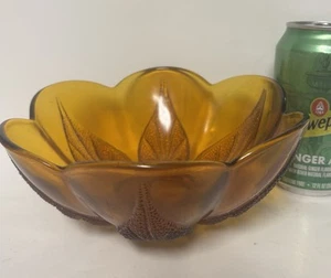 Vintage Indiana Glass Amber Leaf Embossed Bowl Scalloped Edge 7.5” Wide - Picture 1 of 4