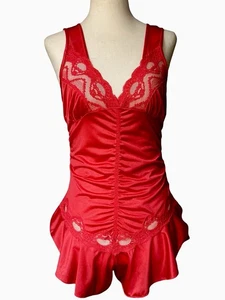 Vintage Vtg 80s Shiny Satin Caprice Teddy Bodysuit Sz Medium Red Lace Trim Fairy - Picture 1 of 21