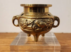 Brass Asian Incense Burner Flower & Bird Relief w/ Handles Tripod Censer 2.5" - Picture 1 of 10