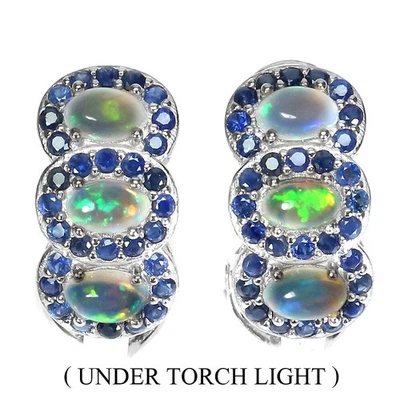 Orecchini in argento sterling 925 opale di fuoco ovale 5x3 mm zaffiro gemma... - Immagine 1 di 4
