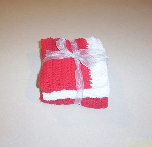 Hand Crochet Red and White Cotton Dishcloths Set of 3  - Picture 1 of 4