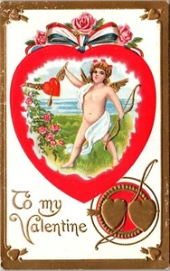 Cupid with bow arrow heart inset roses Patriotic Ribbon Valentine Postcard - Picture 1 of 2