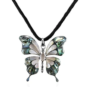 Bohemian Seashell Butterfly Big Wings on Sterling Silver Silk Chord Necklace - Picture 1 of 6