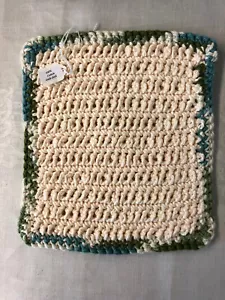 Handarbeit 100% Baumwolle Geschirrtuch Lappen Badetuch gehäkelt 1 creme mit grüner Borte - Bild 1 von 1