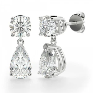 Solitaire Drop Earrings 2.26CT Pear Cut Round Diamond 18K White Gold,Screw Back - Picture 1 of 4