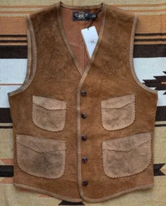 Double RL RRL Ralph Lauren Suede Leather Vest Brown Men's Size S NEW Rare w/tag - Picture 1 of 6