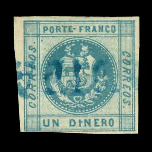 PERU 1858 Coat of Arms 1d slate blue Scott # 7 used "PIURA" blue cancel - Picture 1 of 2