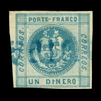PERU 1858 Coat of Arms  1d slate blue Scott # 7 used "PIURA" blue cancel - Image 1 of 2