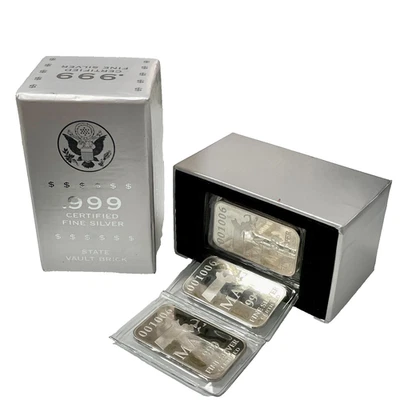 Federated Cert. Mint State Vault Brick MA 1 oz .999 Fine Silver 5 Bar Set Sealed - Image 1 of 4