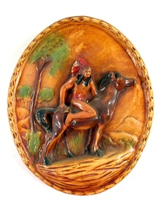 vtg Chalkware Native American Indian Wall Plaque on Horse tree hand painted - Picture 1 of 14