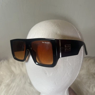 Новый оригинальный истинной религии квадратные солнцезащитные очки черный ацетат широкие ноги оранжевый объектив - Изображение 1 из 4