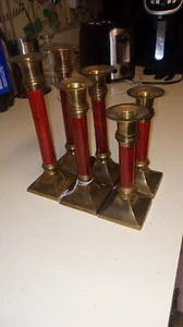 2 Pairs Of 3 Brass/Wooden Candlesticks - Picture 1 of 3