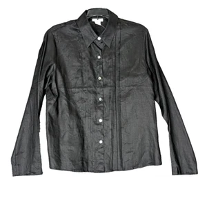 Womens Top 100% Linen Top Large Black Tuxedo Blouse Pleats MIC - Picture 1 of 8