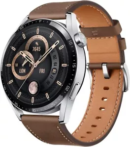 Huawei Watch GT 3 46mm (JPT-B29) Silver Case Brown Leather Strap - Preowned! - Picture 1 of 4