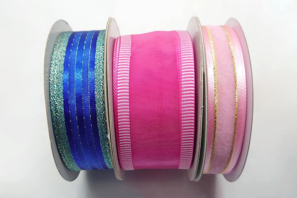 1.5" + 1" + 3/4" 25YD Metallic Royal Blue & Elegant Pink Ribbon Set for Crafts - Image 1 of 1