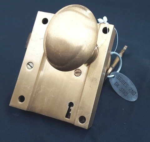Brass Ship Rim Lock with Oval Knob Key and "Stores 2nd DK STBD" Fob Cover