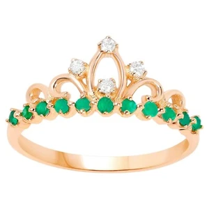 Tiara Ring Zambian Emeralds and Diamonds 0.29 Carats 14K Yellow Gold - Picture 1 of 4