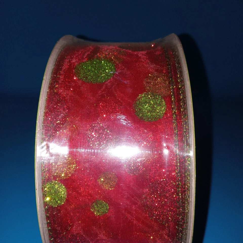 Sam's Club 2,5” x 50 jardas designer fita com fio vermelho verde bolinhas com glitter novo em folha - Imagem 1 de 4