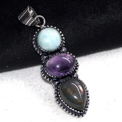 Exclusive Natural Amethyst Fiery Labradorite Gemstone Pendant 2.3" GW - Image 1 of 3