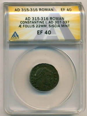 Imperio Romano Constantino I el Grande AD 307-337 AE Follis Siscia Como Nuevo XF40 ANACS Foto 1 de 4