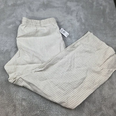 LL Bean Pants Linen  Womens 16 Pet Striped Drawstring Pull On Beige Premium Y2K - Image 1 of 4