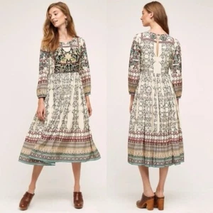 Anthropologie Bhanuni Jvoti Dress Size 4 Ivory Floral Peasant Midi Beaded Lined - Picture 1 of 12