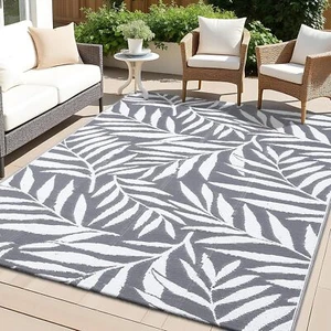 Reversible Outdoor Waterproof Rug 5x8 ft, Leaf Pattern, Grey/White - Picture 1 of 6